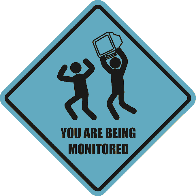The 'you are being monitored' internet meme. One stick figure cowers in fear of another stick figure, the latter of which is menacingly holding a heavy CRT computer monitor over their head as though they are going to use it as a bludgeon.